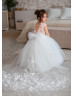 Ivory 3D Lace Tulle Amazing Flower Girl Dress With Detachable Train
